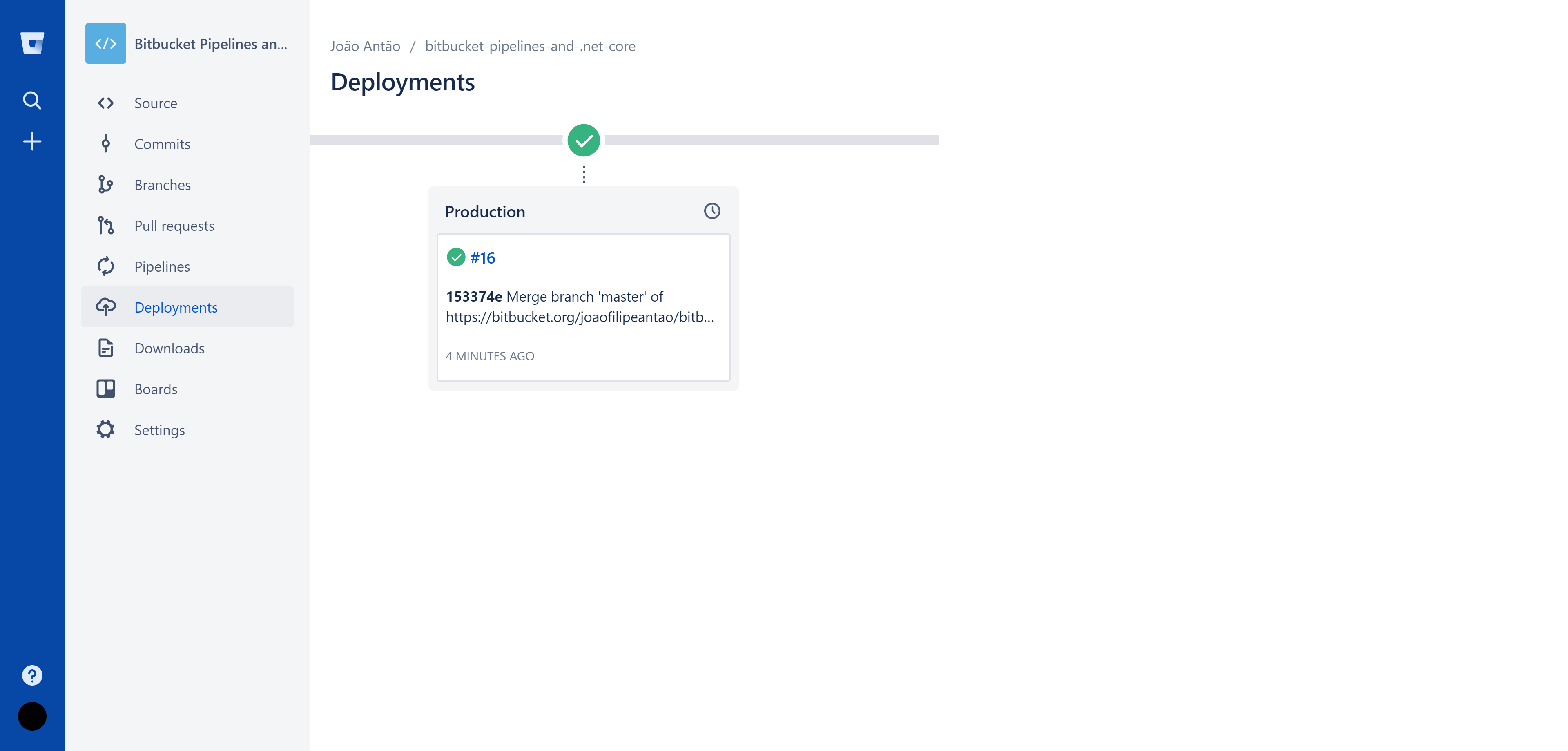 Screenshot of deployment tab of Bitbucket Pipelines showing release number #16