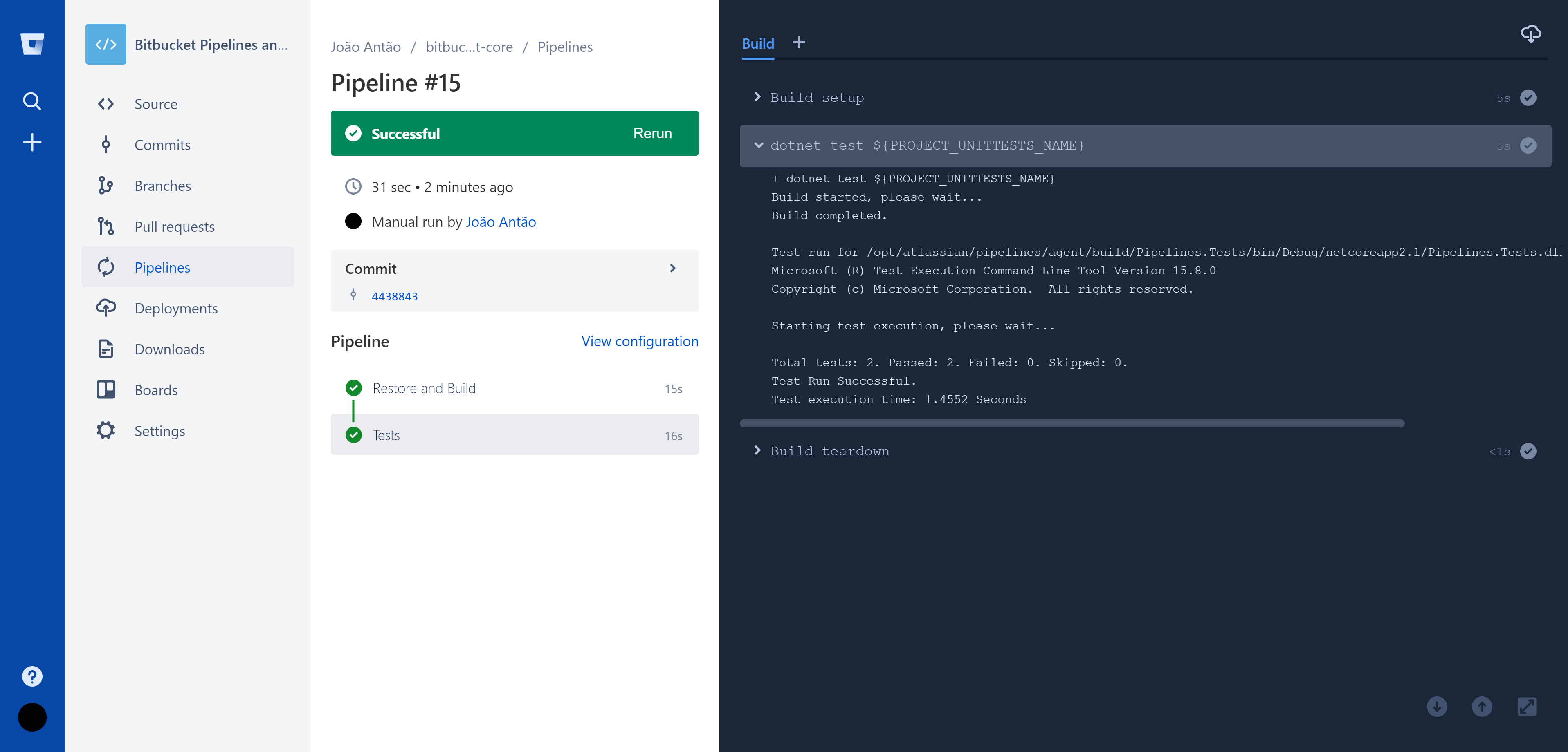 Screenshot of Bitbucket Pipelines restoring, building and testing the code automatic steps