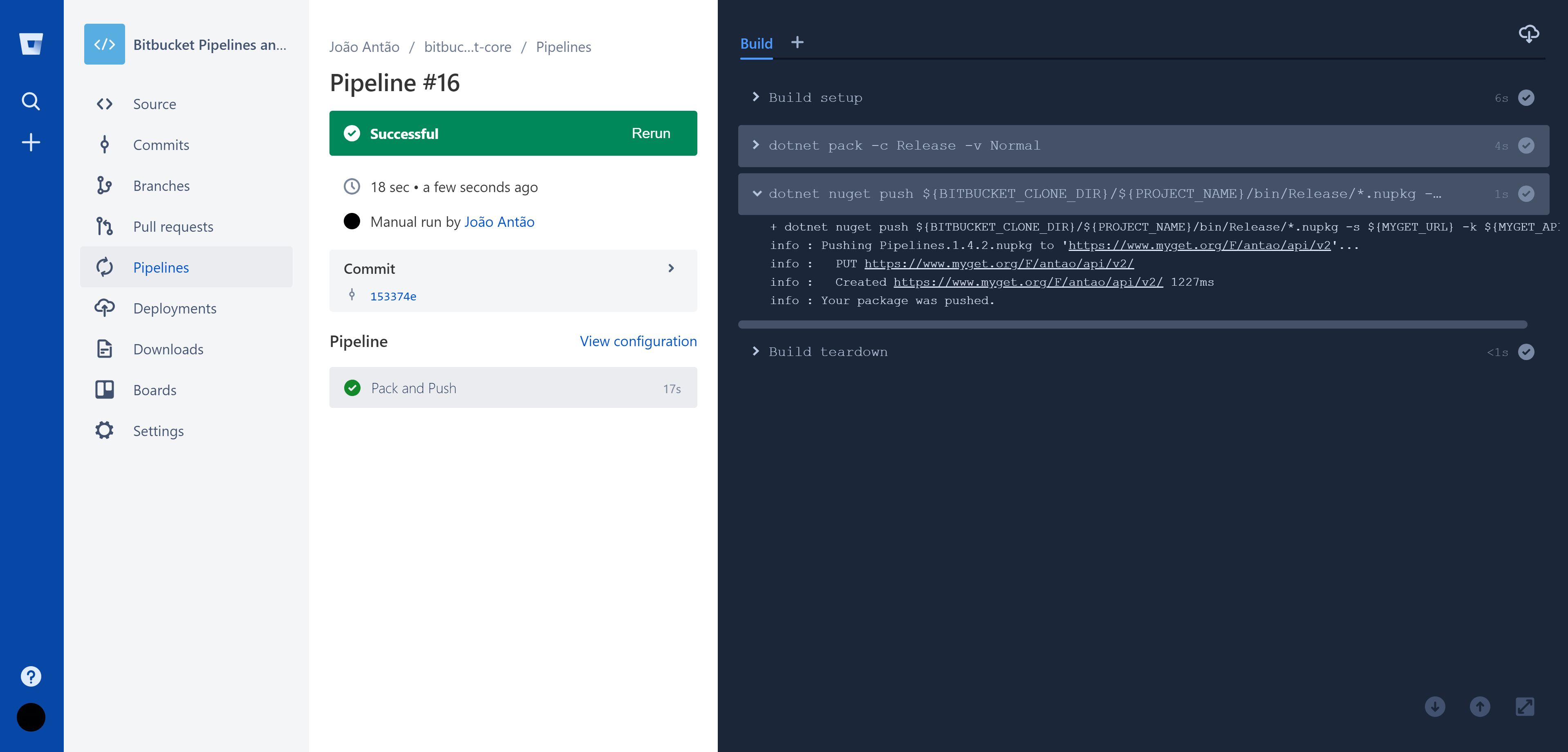 Screenshot of Bitbucket Pipelines packing and pushing the code automatic steps